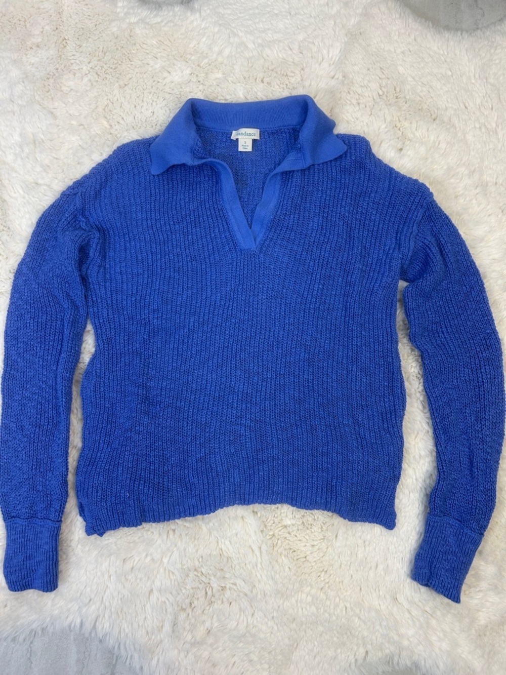 Sundance V-Neck Blue 100% Cotton Pullover Sweater Lagenlook Coastal Lightweight